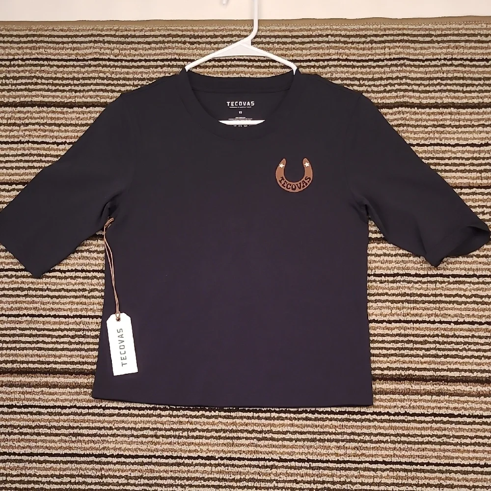 TECOVAS Black Cotton Embroidered Recent Womens‎ XS Elbow Sleeve T Shirt Top NEW - Picture 2 of 10